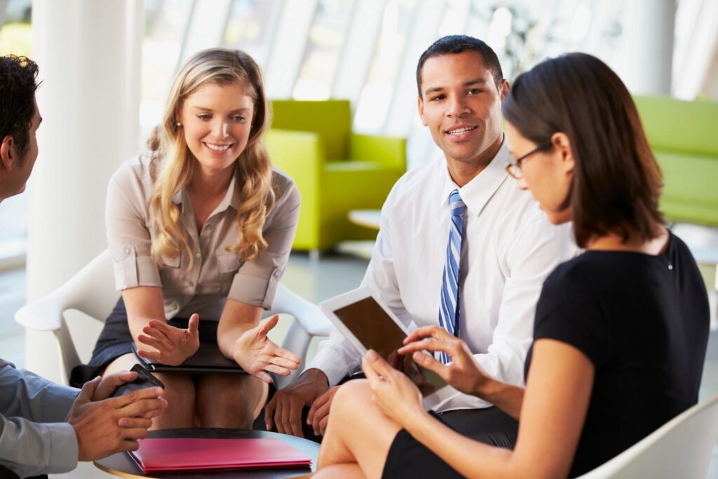 Office staff in a meeting.